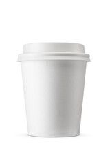 Paper disposable cup for coffee, tea, hot drinks to go. Take away beverages isolated. Transparent PNG image.