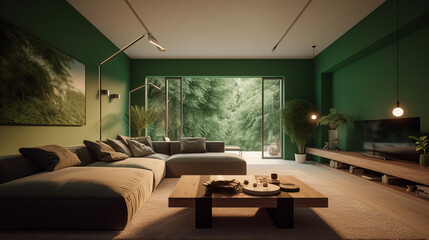 Minimalist Modern Room with Green Concept: An Interior Design Featuring a Green Sofa for a Stylish and Eco-Friendly Living Space That Embraces Contemporary Aesthetics