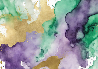 abstract watercolor background with alcohol effect green, purple,  gold