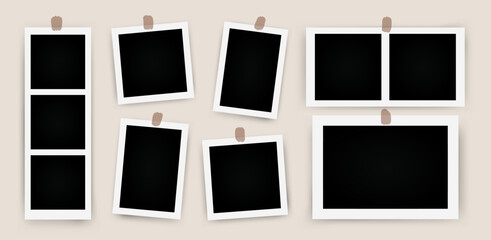 Set of photo frame mockups. Photo album template. Empty image for memory. Blank realistic postcard.