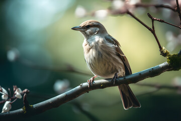Naklejka premium A bird sits on a branch with a blurry background, Earth Day concept