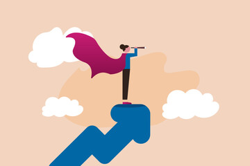 Woman leader with lady power business vision, woman visionary to see business opportunity concept, success businesswoman standing on top of rising arrow with telescope or spyglass to see future