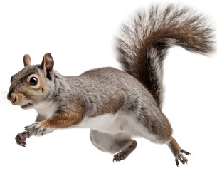 jumping grey brown squirrel isolated on a white background as transparent PNG - obrazy, fototapety, plakaty