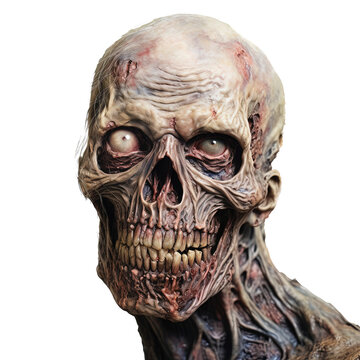 human scary zombie head isolated on a transparent background.