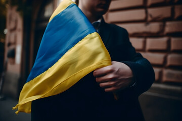 A male holding ukrainian flag, Independence Day, kiev day concept - obrazy, fototapety, plakaty