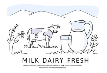 Cow with milk jug line art drawing. Minimalist black linear sketch
