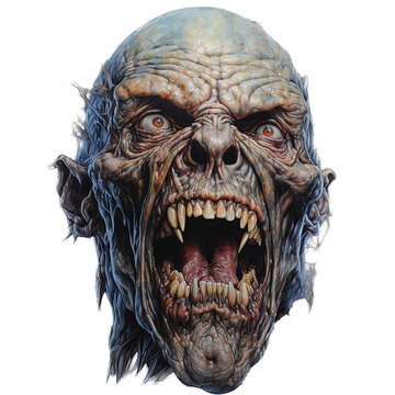 human scary zombie head isolated on a transparent background.