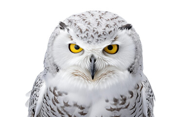 Portrait Stoic Snowy Owl Isolated on White Transparent Background.