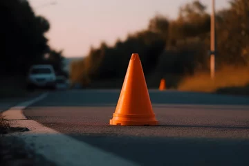 Foto auf Alu-Dibond A orange traffic cone on the road. Painting road markings. road works. © Canities