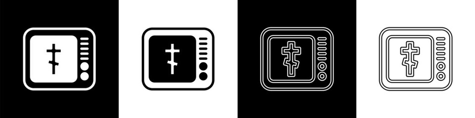 Fototapeta premium Set Online church pastor preaching video streaming icon isolated on black and white background. Online church of Jesus Christ. Vector