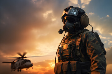 A helicopter pilot in uniform and helmet stands next to a helicopter with the sun behind him.