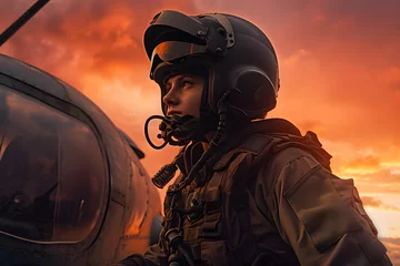 Fotobehang A helicopter pilot in uniform and helmet stands next to a helicopter with the sun behind him. © Canities