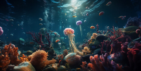 Fototapeta na wymiar coral reef and fish, coral reef in the sea ,cinematic photo of sea creatures underwater