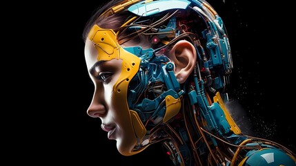 The face of a female robot on a dark background, the concept of the technological connection of man and machine