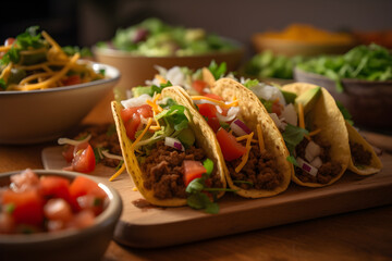 A plate of Mexican tacos with beef, a bunch of corn and cilantro on wooden background, cinco de mayo concept, for banner background