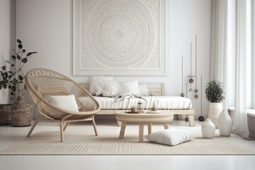 Modern minimalistic white interior with Scandinavian-Bohemian style depicted in a 3D render. Generative AI