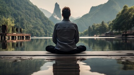 Focused businessman practicing mindfulness and meditation in a serene, zen natural environment. Surrounded by lush greenery with sense of peace and tranquility. Mental growth and personal wellness.