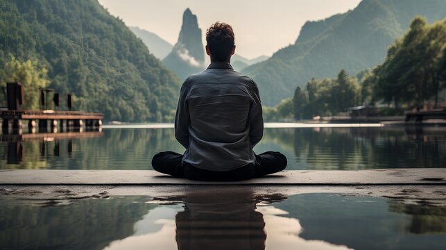 Focused businessman practicing mindfulness and meditation in a serene, zen natural environment. Surrounded by lush greenery with sense of peace and tranquility. Mental growth and personal wellness. © TensorSpark