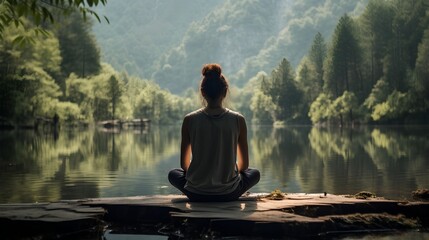 Focused woman practicing mindfulness and meditation in a serene, zen natural environment. Surrounded by lush greenery with sense of peace and tranquility. Mental growth, strength or personal wellness