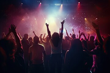Girl DJ in club and people dancing in electronic music, techno or raving in laser spotlight. Night club crowd dance with hands up in cinematic photography style