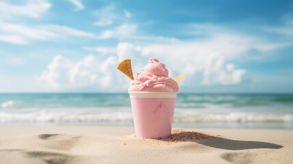 Fototapeta na wymiar Product photograph of Icecream cup in the sand on a tropical beach. Sunlight. Pink color palette. Drinks.