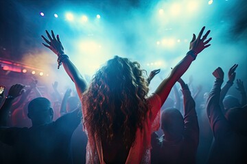 Girl DJ in club and people dancing in electronic music, techno or raving in laser spotlight. Night club crowd dance with hands up in cinematic photography style - obrazy, fototapety, plakaty