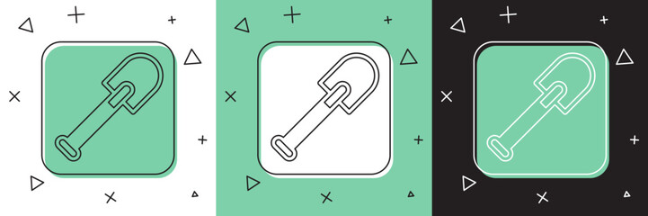 Set Shovel icon isolated on white and green, black background. Gardening tool. Tool for horticulture, agriculture, farming. Vector