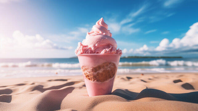 Product photograph of Icecream cup in the sand on a tropical beach. Sunlight. Pink color palette. Drinks.