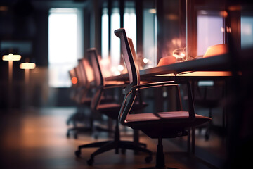 A row of chairs in empty conference room, blurred lights in the background