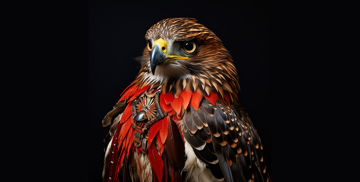 owl on a branch, a redtail hawk with comanche war paint