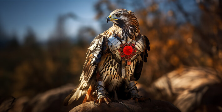 owl on a branch, a redtail hawk with comanche war paint