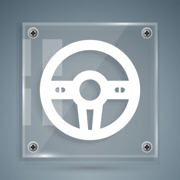 White Steering wheel icon isolated on grey background. Car wheel icon. Square glass panels. Vector