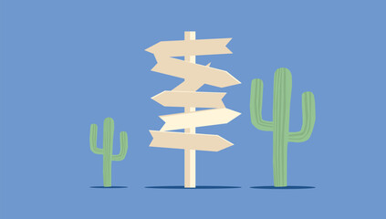 Flat sign design of travel concept with cactus on blue background with copy space.