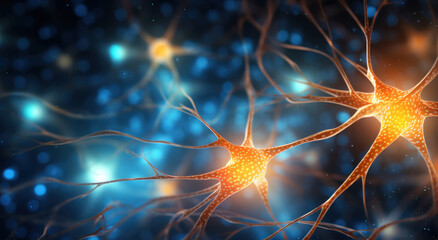 Neuron cell and neurons in connection with glowing light. - obrazy, fototapety, plakaty
