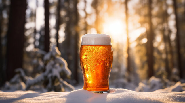 Product photograph of Beer pint glass in the snow In a winter forest. Sunlight.  Yellow color palette. Drinks.