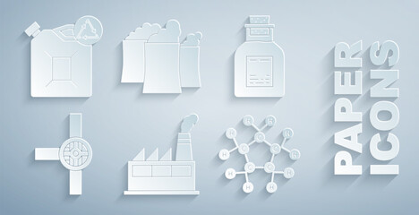 Set Oil industrial factory building, petrol test tube, Industry pipes and valve, Molecule oil, and Eco fuel canister icon. Vector
