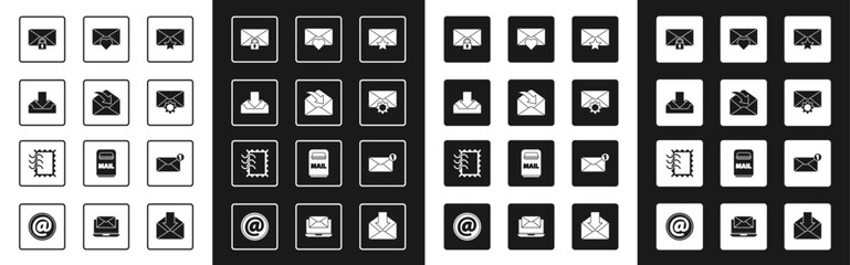 Set Envelope with star, Download inbox, Mail message lock password, setting, Valentine heart, and Postal stamp icon. Vector