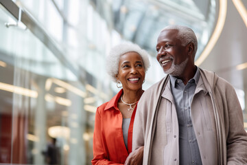 Happy senior african American couple man and woman shopping together and walking together in shopping mall.