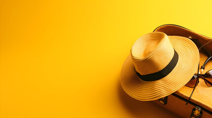 Fototapeta na wymiar A suitcase with hat and sunglasses isolated on yellow background with copyspace. summer, travel and vacation concept