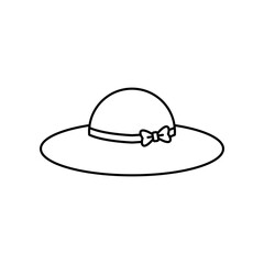 Yellow hat for sun protection headwear with ribbon. Woman summer hat, Girl sun cap for beach and summer vacation accessory icon. Vector illustration filled outline style