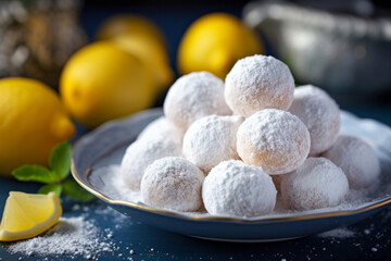 Fototapeta na wymiar Yellow lemon balls desert with sugar powder in vintage plate. Sweet citrus homemade pastry
