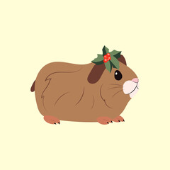 Cute little guinea pig with mistletoe on his head on a yellow background