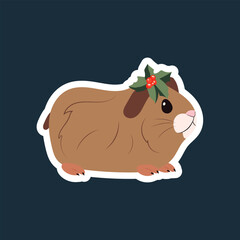Sticker of a cute little guinea pig with mistletoe on his head on a blue background