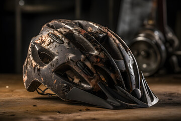 Fototapeta premium A worn-out bicycle helmet. Cycling concept. Sport concept, World Bicycle Day, Outdoor Weekend lifestyle concept