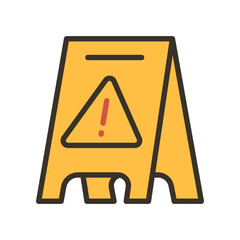 Yellow plastic slippery wet floor caution sign triangle with exclamation mark. Cleaning floor elements concept Warning icon for web and mobile. Vector illustration filled outline style