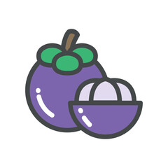 Ripe and fresh round mangosteen and slice fruit single silhouette flat outline color for food apps and website. Organic Fruit vegan, vegetarian icon Vector illustration filled outline style
