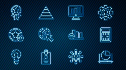 Set line Laptop with graph chart, Calculator, Monitor, Cursor and coin, Star, Medal star, Pie infographic and Pyramid infographics icon. Vector