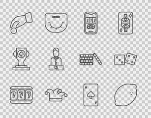 Set line Slot machine with lucky sevens, Casino slot lemon, poker tournament invitation, Joker playing card, Hand holding casino chips, dealer, Playing spades and Game dice icon. Vector