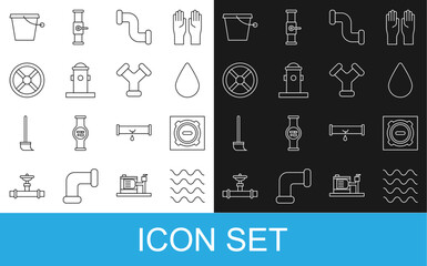 Set line Wave, Manhole sewer cover, Water drop, Industry metallic pipe, Fire hydrant, valve, Bucket and icon. Vector