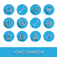 Set line Flasher siren, Traffic cone, Fire hose reel, Campfire, Firefighter axe, flame, hydrant and Cigarette icon. Vector